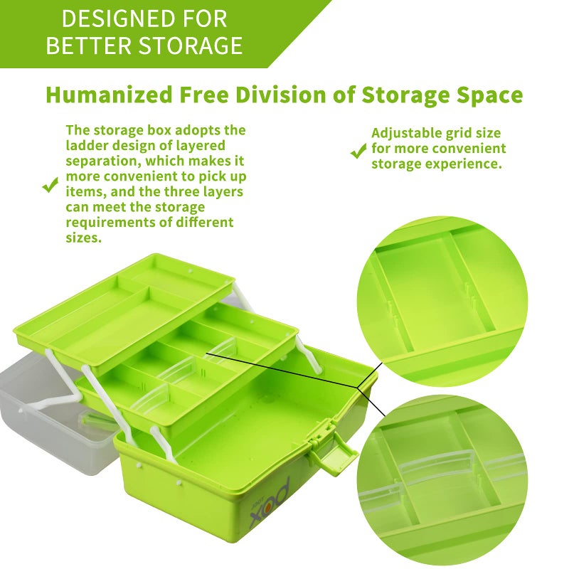TERGOO 12in Three-Layer Multipurpose Storage Box Folding Tool Box/Art & Crafts Case/Sewing Supplies Organizer/Medicine Box/Family First Aid Box with 2 Trays (Green) - Image 4